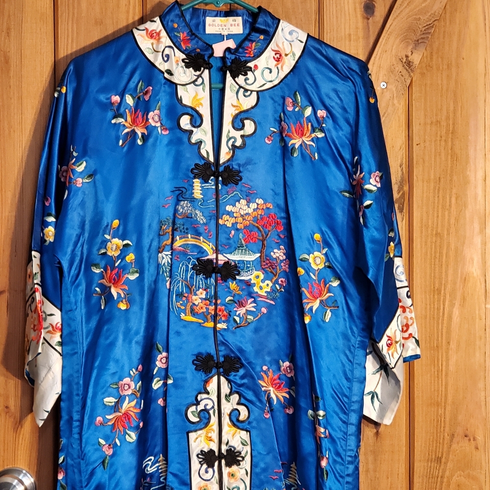 Blue Embroidered Satin Top with Floral Motif - Picture 2 of 16